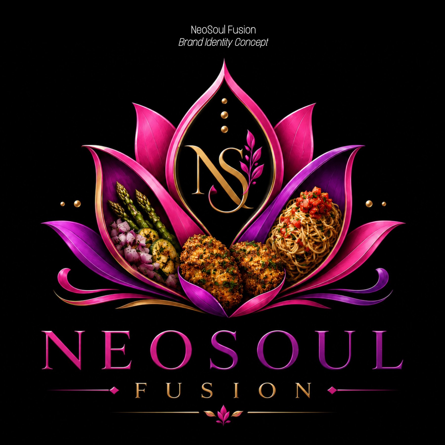NeoSoul Fusion lotus logo in magenta, purple and gold