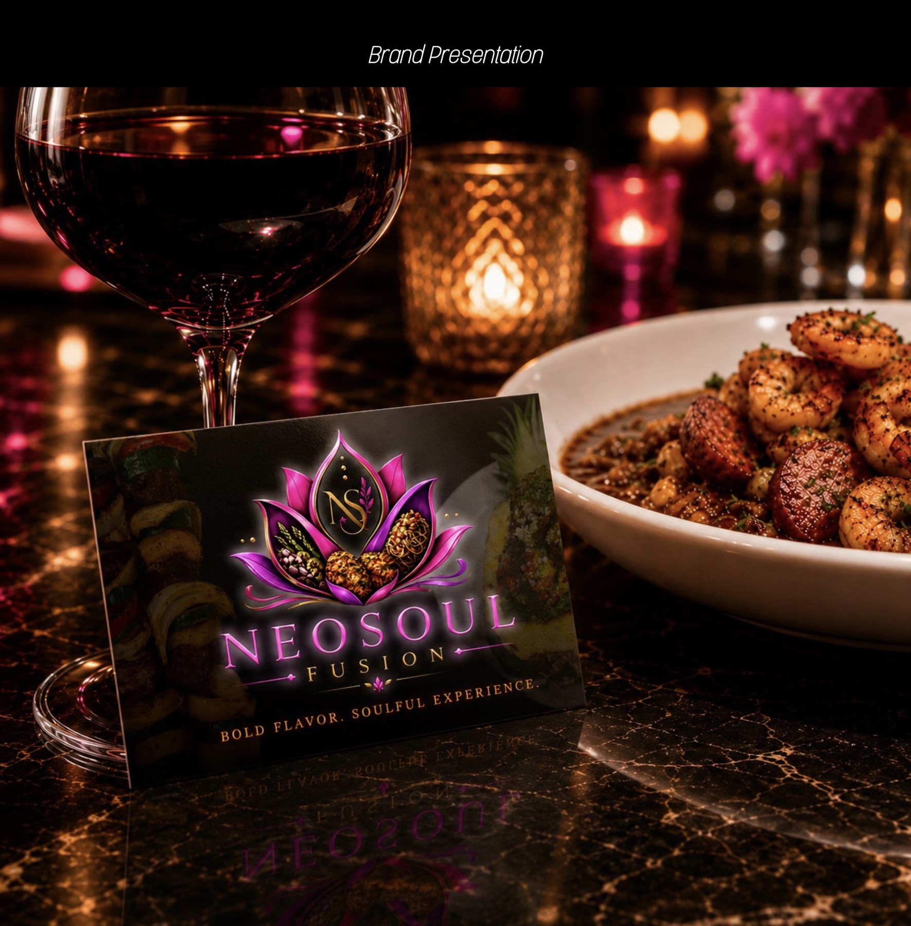 NeoSoul Fusion brand card styled on a candlelit dinner table