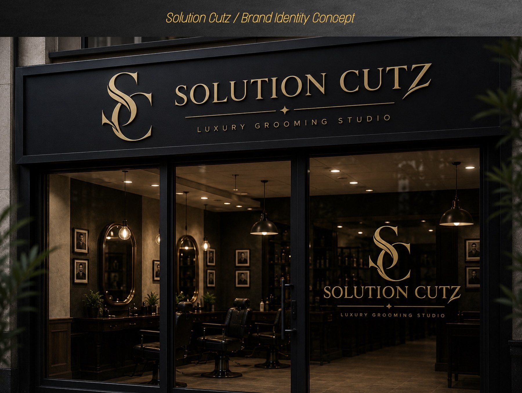 Solution Cutz storefront signage mockup in gold on black